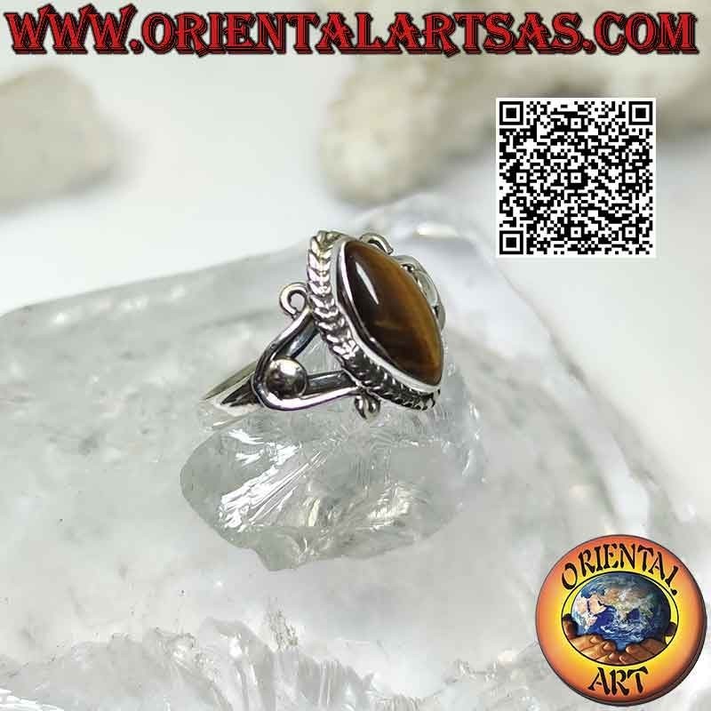 Bague en argent avec navette oeil de tigre et crochets en U