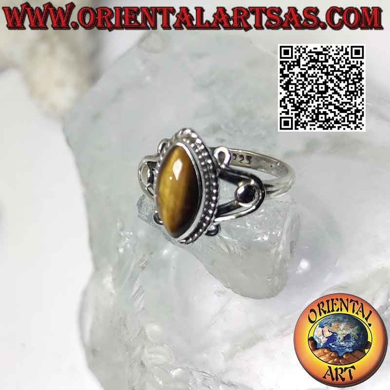 Anello in argento con occhio di tigre a navetta e ganci a U