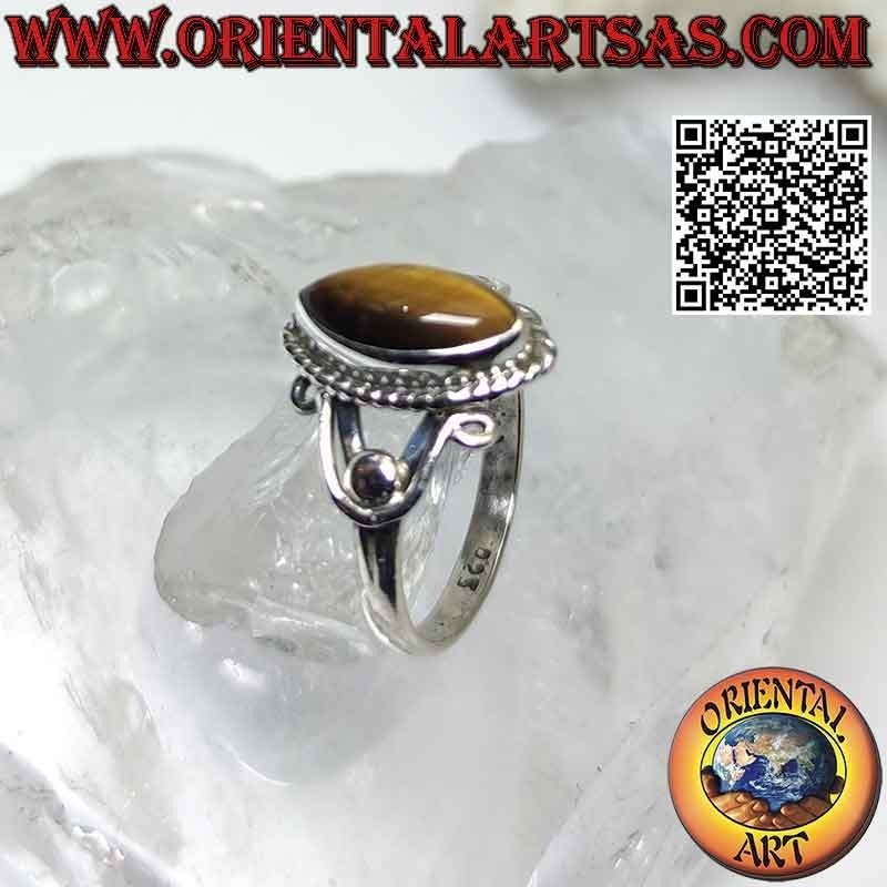 Bague en argent avec navette oeil de tigre et crochets en U