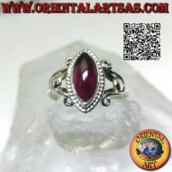 Silver ring with shuttle cabochon garnet on setting with U-hooks