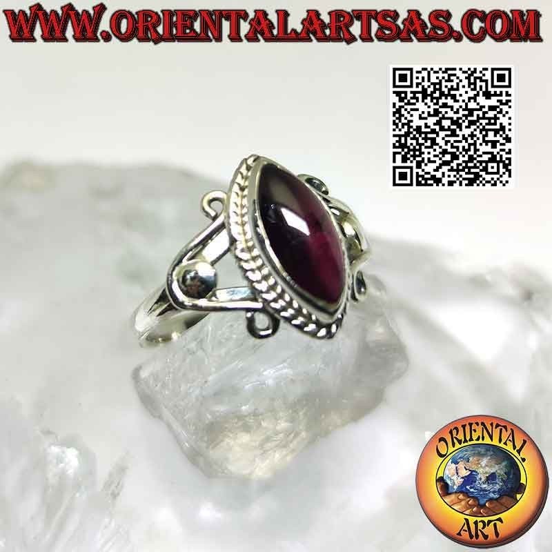 Silver ring with shuttle cabochon garnet on setting with U-hooks