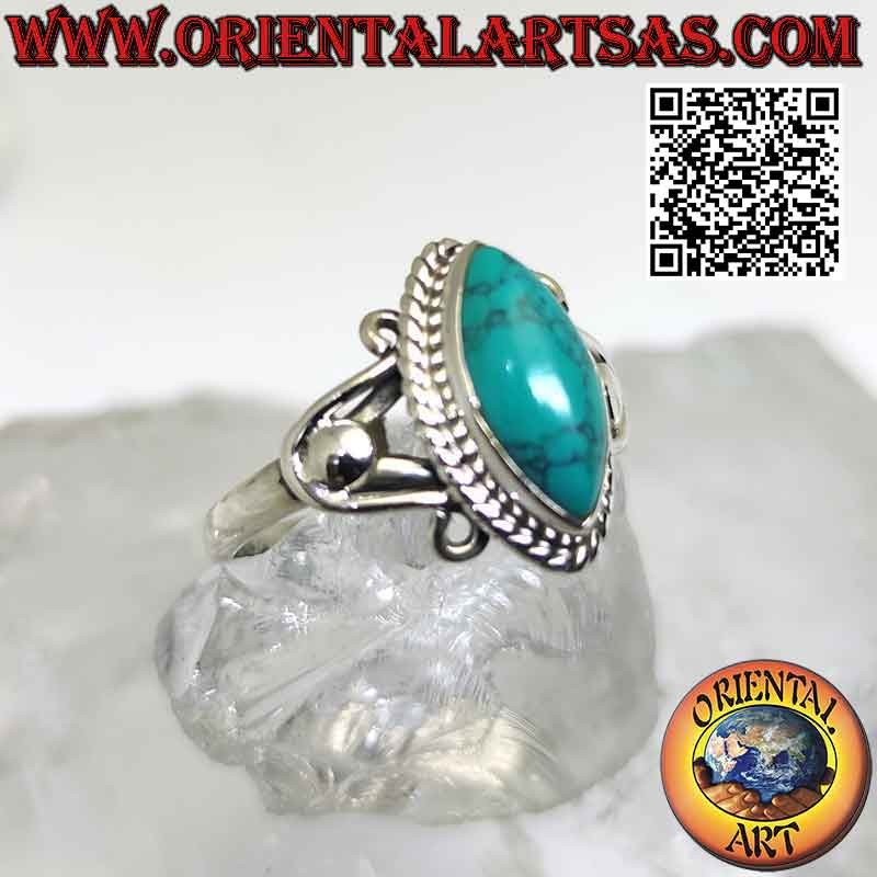 Silver ring with shuttle cabochon turquoise on setting with U-hooks