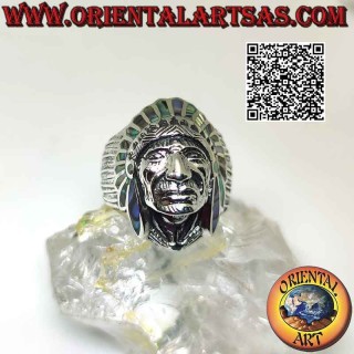 Anello in argento, testa Indiano nativo d'America con volto (abalone)