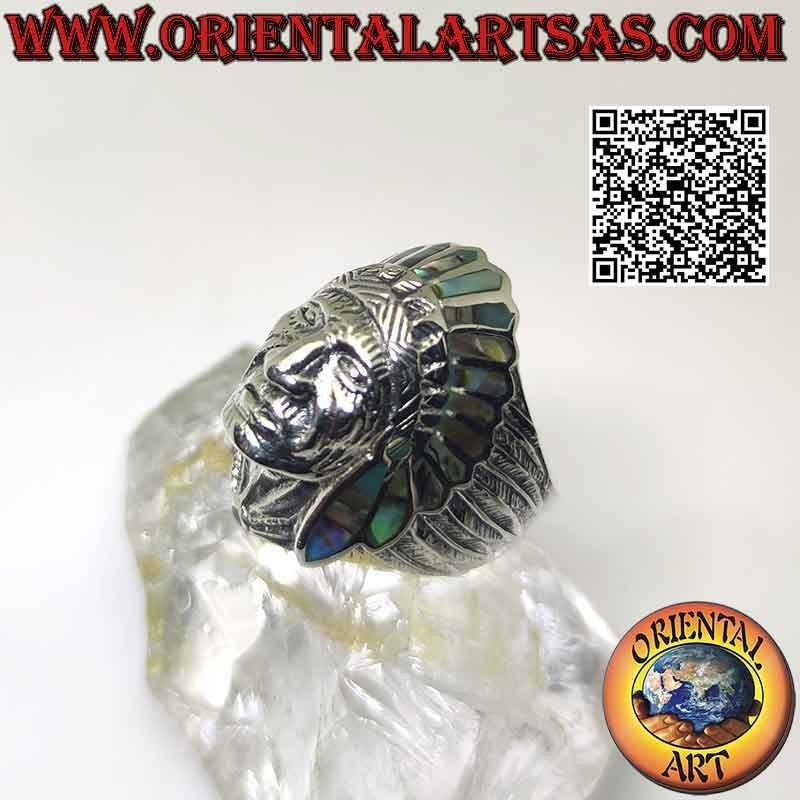 Anello in argento, testa Indiano nativo d'America con volto (abalone)