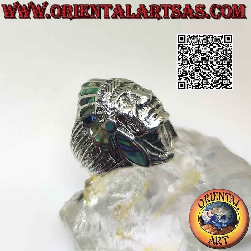 Anello in argento, testa Indiano nativo d'America con volto (abalone)