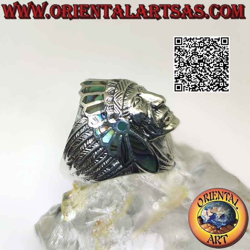 Silver ring, Native American Indian head with face (abalone)