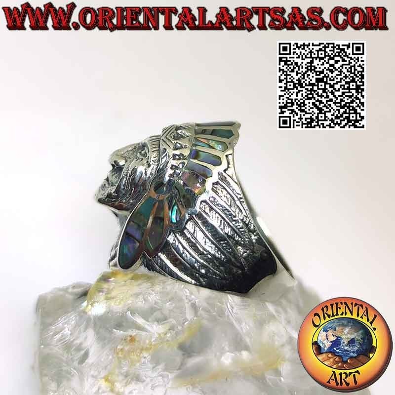 Silver ring, Native American Indian head with face (abalone)