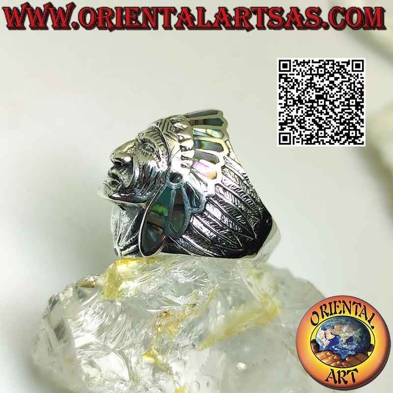 Anello in argento, testa Indiano nativo d'America con volto (abalone)
