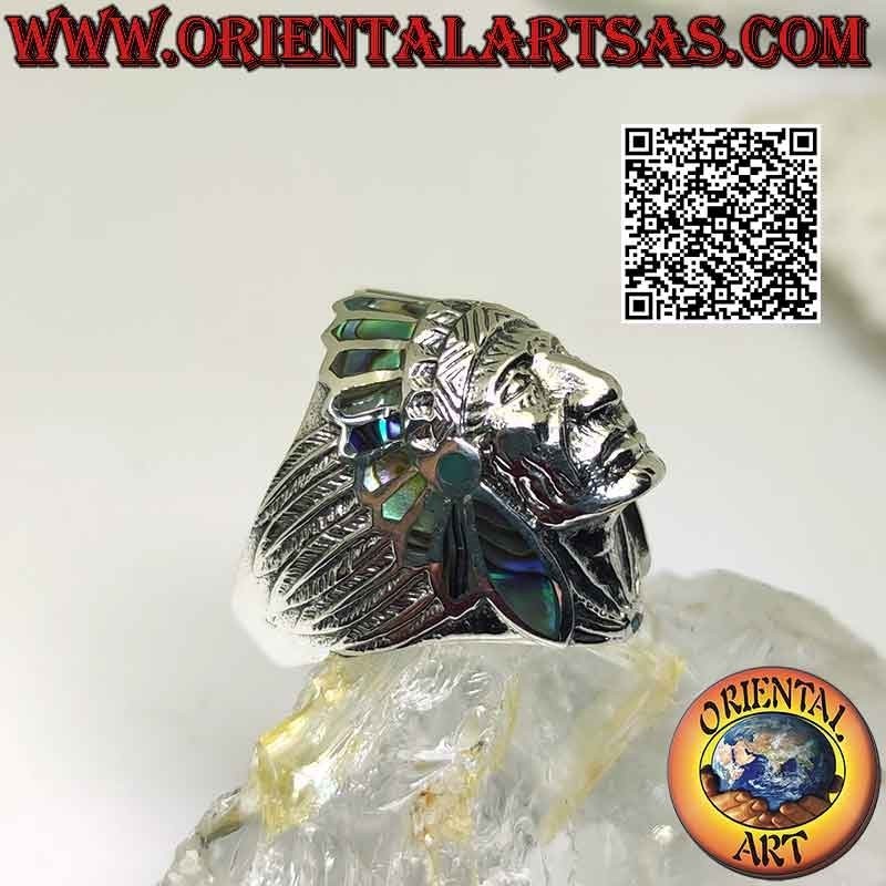 Silver ring, Native American Indian head with face (abalone)