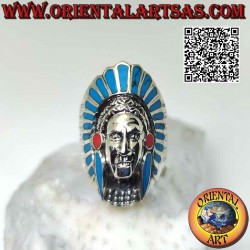 Silberring, langer schmaler Kopf eines amerikanischen Indianers mit Türkis- und Korallenfedern