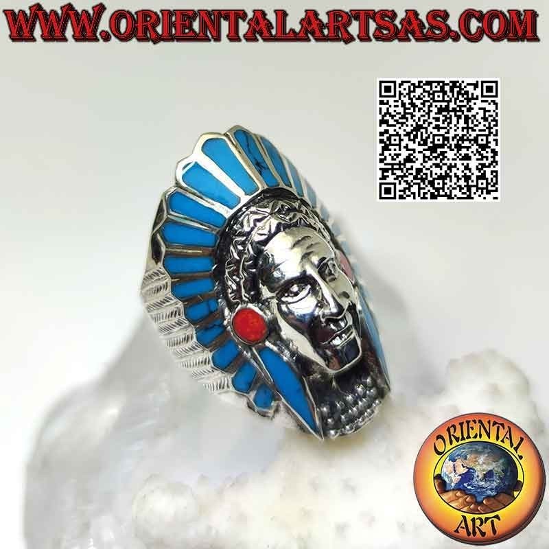 Anillo de plata, cabeza larga de indio americano (turquesa)
