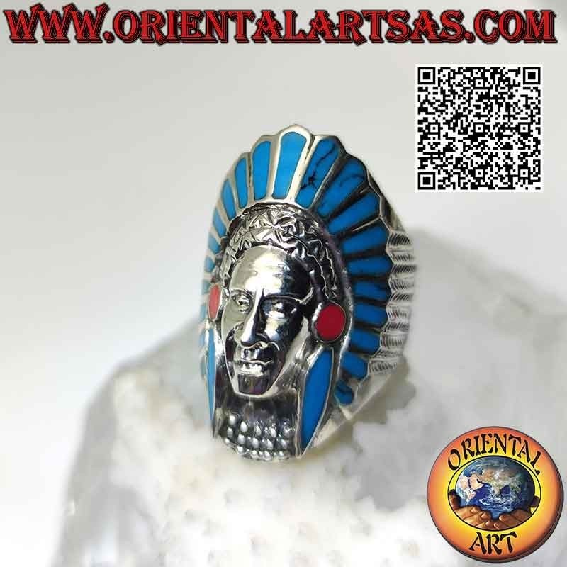 Silver ring, long head of an American Indian (turquoise)
