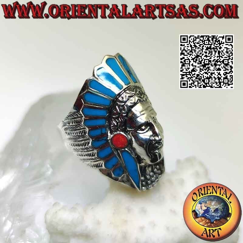 Silver ring, long head of an American Indian (turquoise)