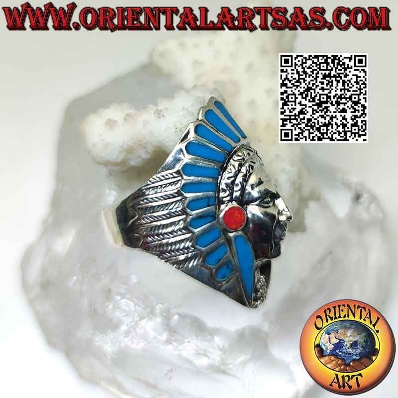 Anillo de plata, cabeza larga de indio americano (turquesa)