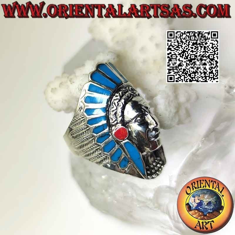 Bague en argent, longue tête d'Indien d'Amérique (turquoise)