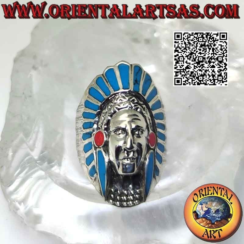 Anello in argento, testa lunga di Indiano nativo d'America (turchese)