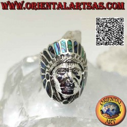 Silver ring, Native American Indian head with carved face and large abalone (paua) feather headdress