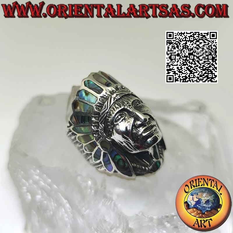 Anello in argento, testa Indiano nativo d'America con volto (abalone)