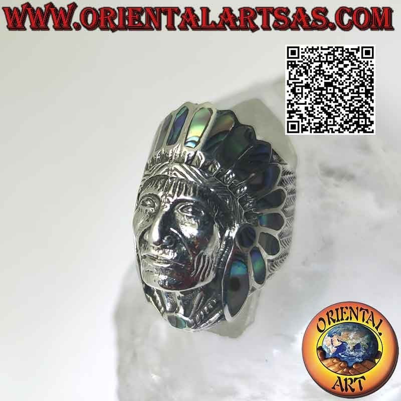 Silberring, Indianerkopf mit Gesicht (Abalone)