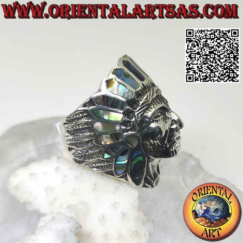 Silberring, Indianerkopf mit Gesicht (Abalone)
