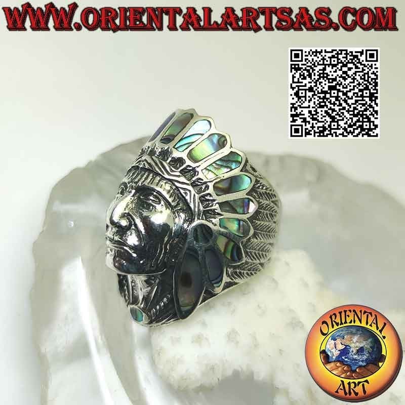Anello in argento, testa Indiano nativo d'America con volto (abalone)