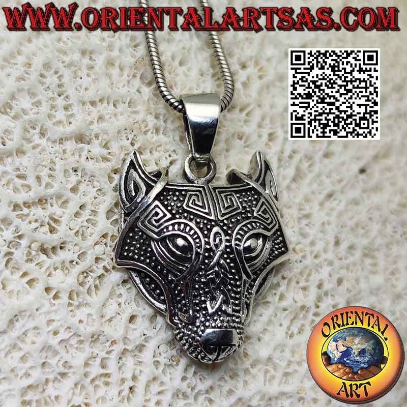 Wolfskopf-Silberanhänger mit keltischem Knoten (mittel)
