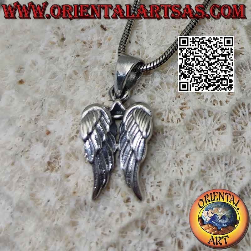 Silver pendant, pair of angel wings with embossed feathers