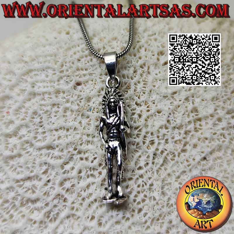 Silberanhänger, indianischer Ureinwohner mit Federschmuck und Schleife