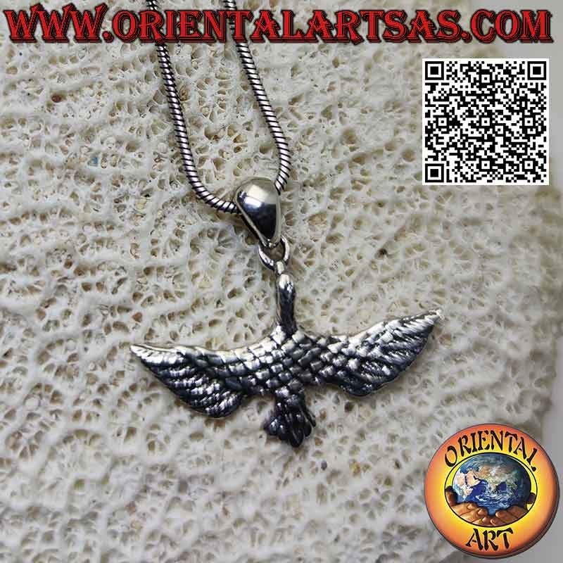 Silver pendant heron in flight with spread wings (top view)