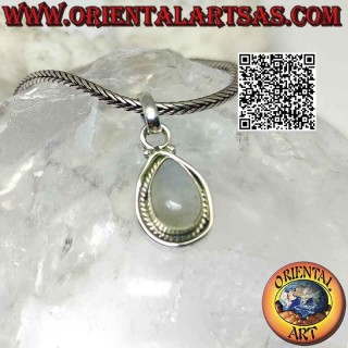 Ciondolo in argento con pietra di luna arcobaleno naturale a goccia burattata e doppio bordo (intrecciato e liscio)