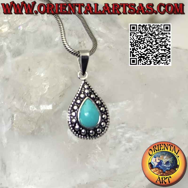 Pendentif en argent avec turquoise en forme de larme et décor de boule en relief