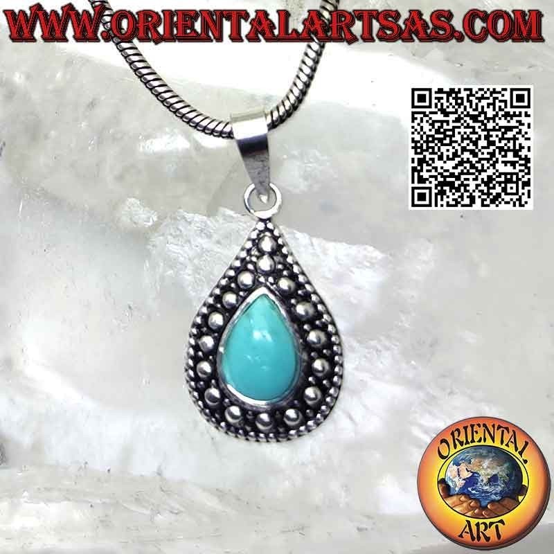 Silver pendant with teardrop turquoise and embossed ball decoration