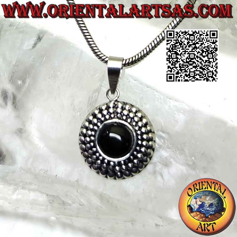 Silver pendant with round onyx and triple row of growing balls