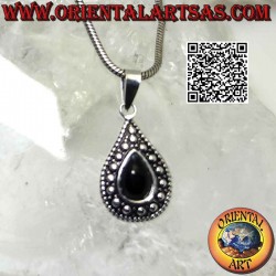 Silver pendant with teardrop onyx and embossed ball decoration