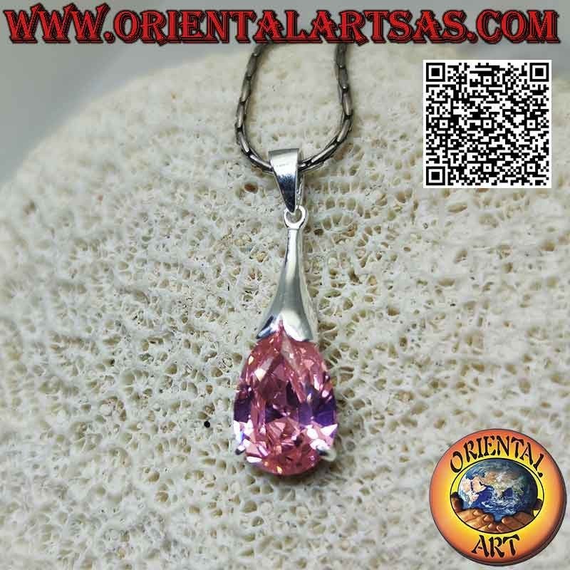 Silver pendant with oval French pink zircon with elongated hook