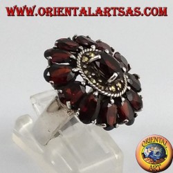 oval silver ring, with 13 garnets natural oval faceted and marcasite