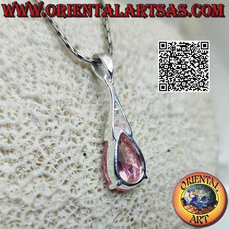 Colgante de plata con circonita rosa francesa ovalada con gancho alargado