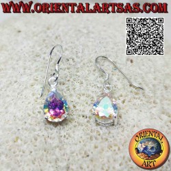 Silver earrings with faceted teardrop rainbow zircon set in a smooth double frame