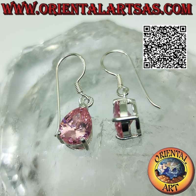 Pendientes de plata con circonita rosa facetada en forma de lágrima de Francia