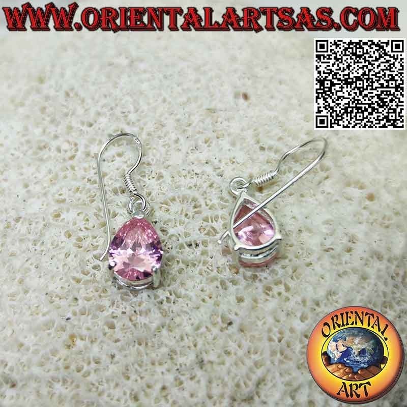 Silver earrings with faceted teardrop-shaped pink zircon from France