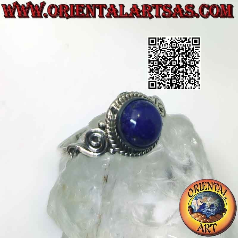 Silver ring with round lapis lazuli surrounded by spheres and spirals