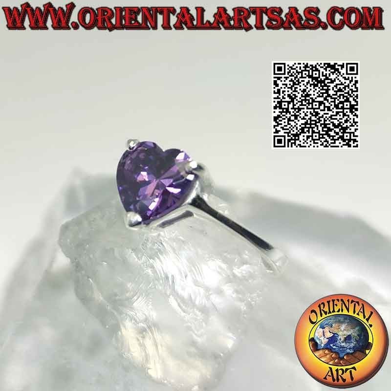 Rhodium-plated silver ring with synthetic heart amethyst set