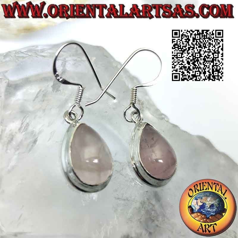 Pendientes de plata con cabujón gota cuarzo rosa y borde liso
