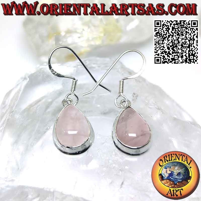 Silberne Ohrringe mit Cabochon-Tropfen aus Rosenquarz und glattem Rand