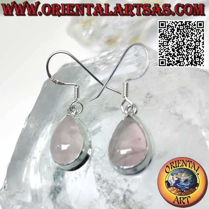 Orecchini in argento con quarzo rosa a goccia cabochon e bordo liscio