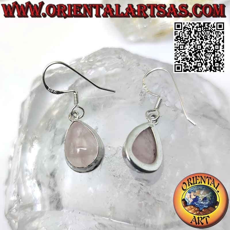 Pendientes de plata con cabujón gota cuarzo rosa y borde liso