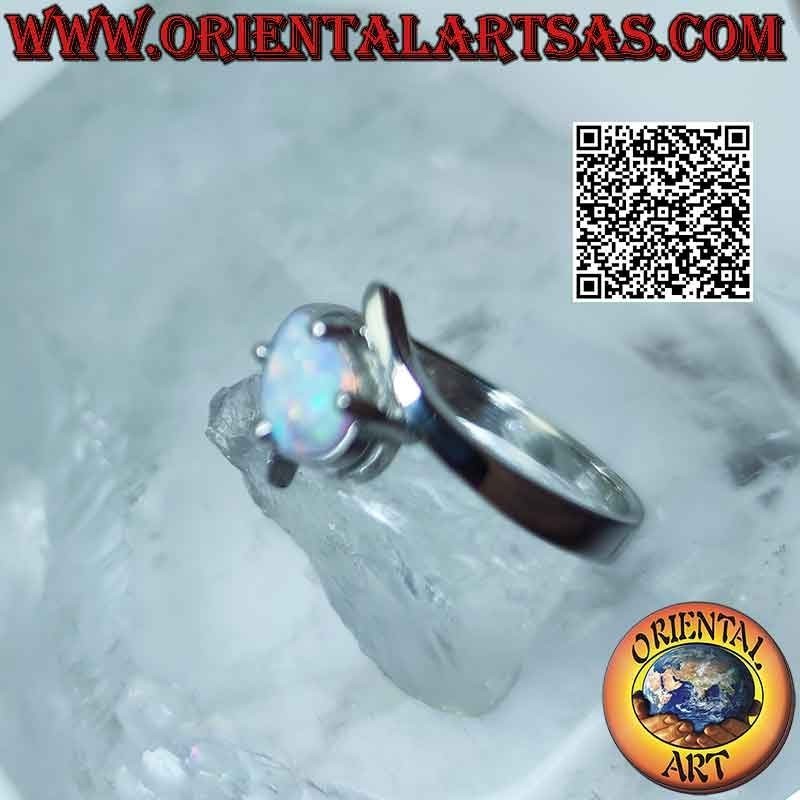 Bague en argent avec opale arlequin avec goutte croix