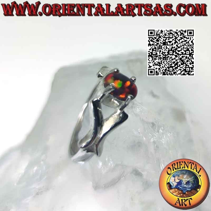 Silver ring with cabochon oval fire opal set