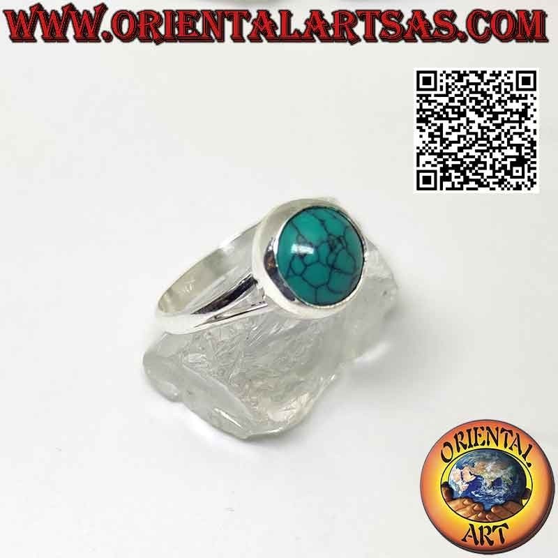 Bague en argent avec cabochon rond turquoise à bord lisse