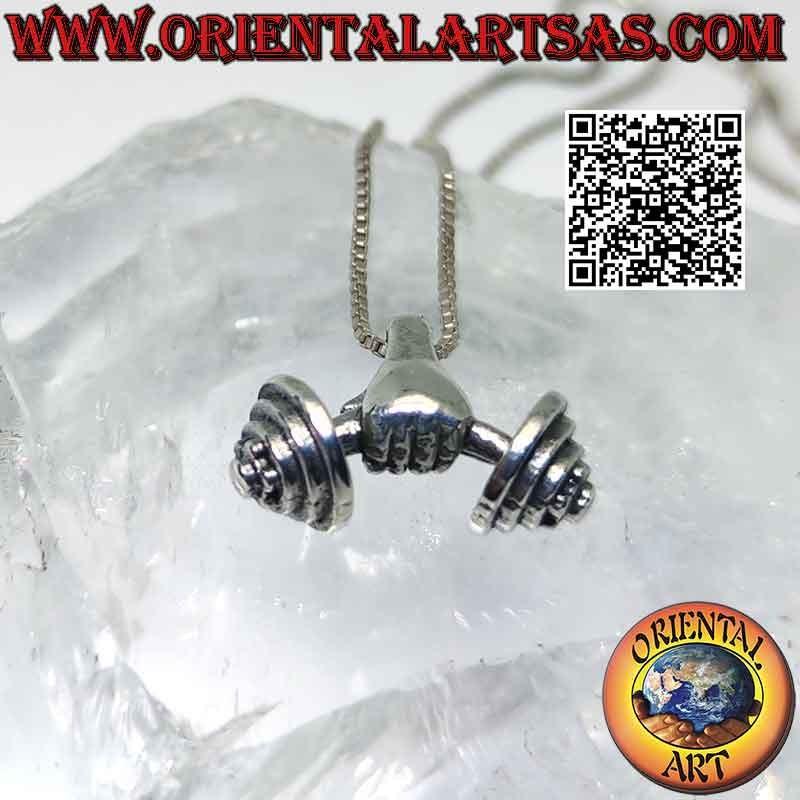 Pendant in 925 ‰ silver the curved barbell supported by the hand (gym tool)